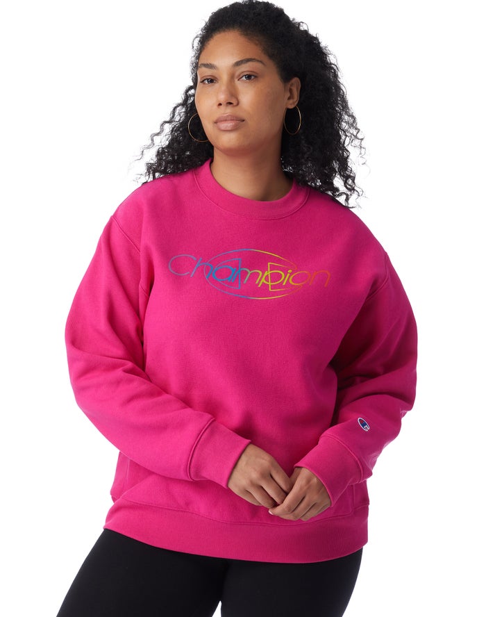 Champion Womens Sweatshirt NZ - Plus Reverse Weave Crew Rainbow Logo Pink ( 3697-WQPCT )